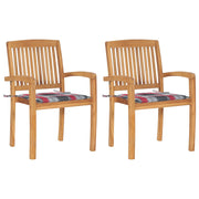 Tuinstoelen 2 st massief teakhout rood geruit kussen