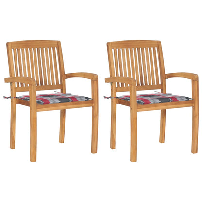 Tuinstoelen 2 st met rood geruite kussens massief teakhout