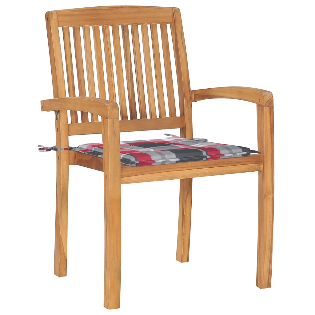 Tuinstoelen 2 st met rood geruite kussens massief teakhout