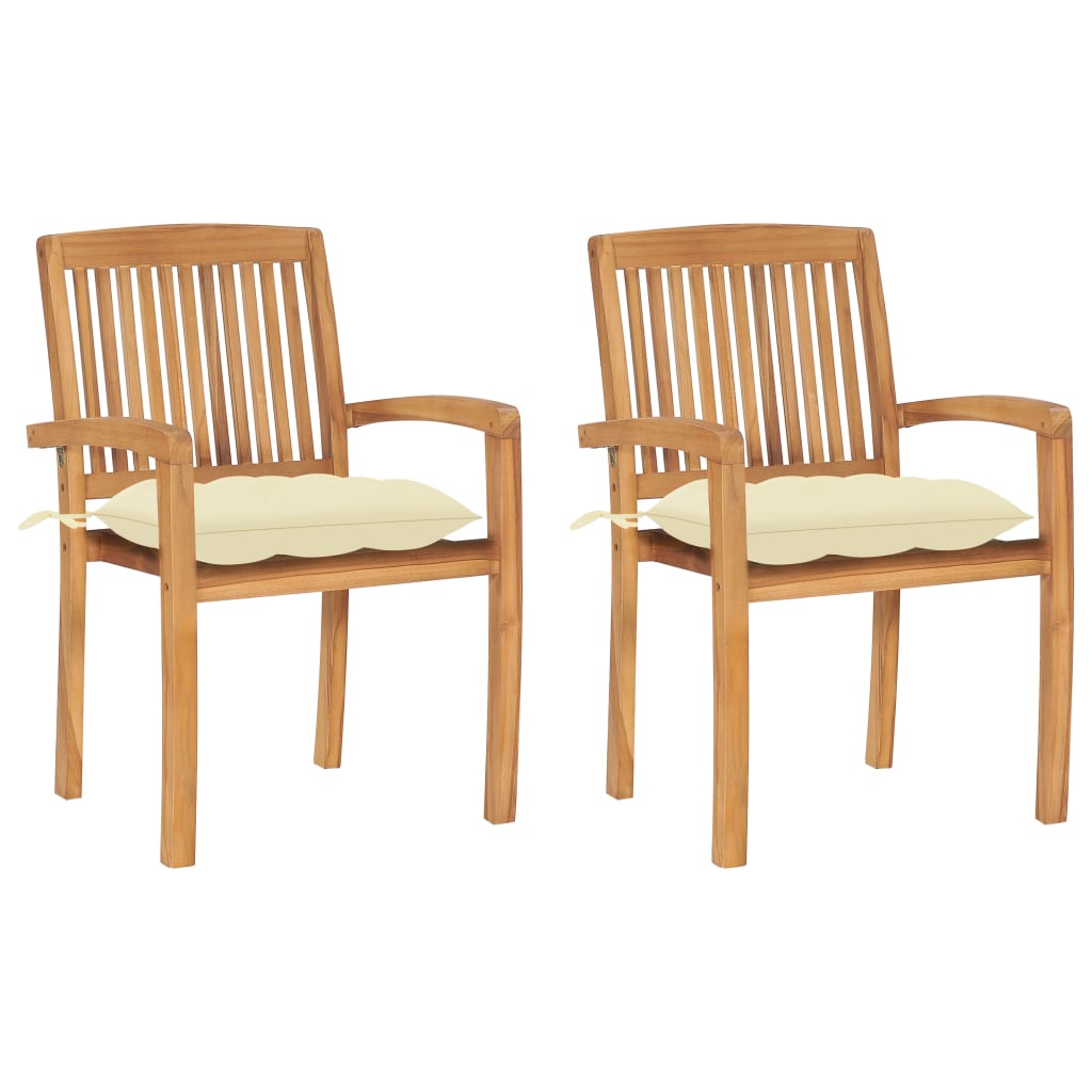Tuinstoelen 2 st met crèmewitte kussens massief teakhout