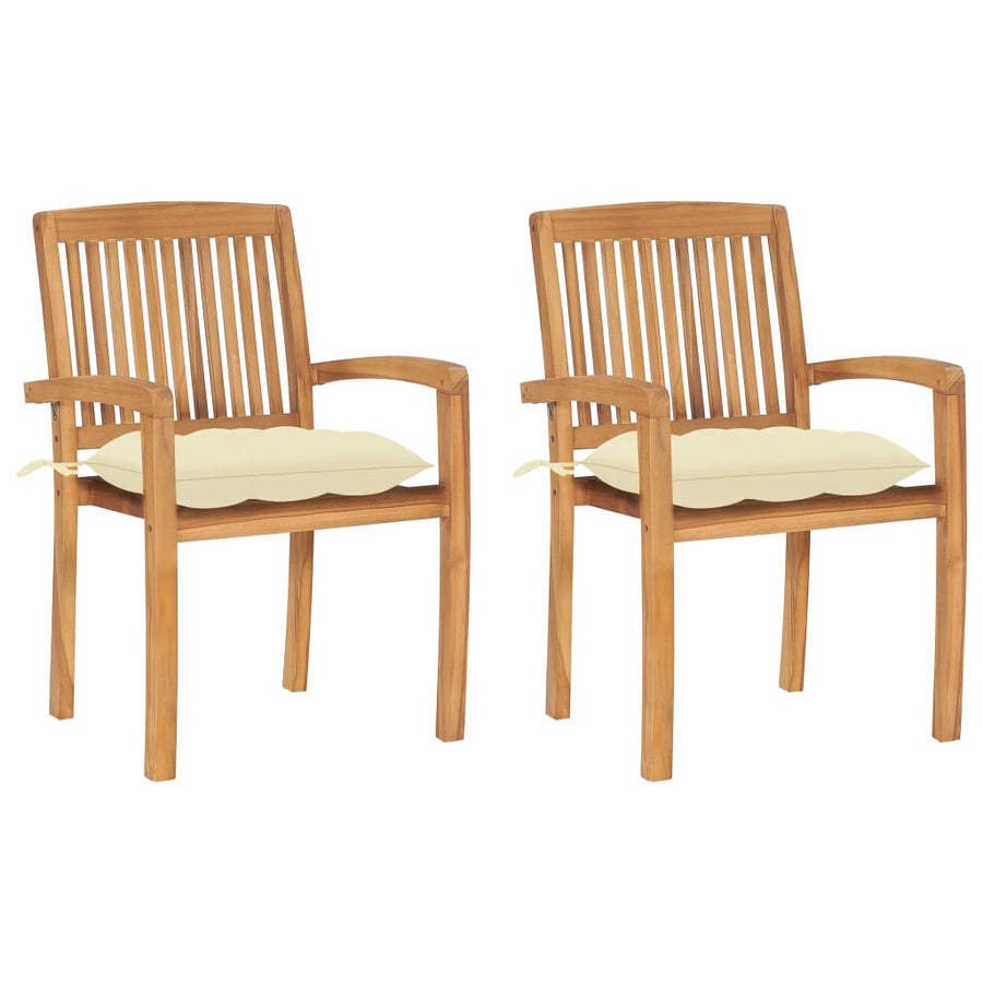 Tuinstoelen 2 st met crèmewitte kussens massief teakhout