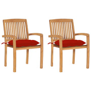 Tuinstoelen 2 st massief teakhout met rode kussens