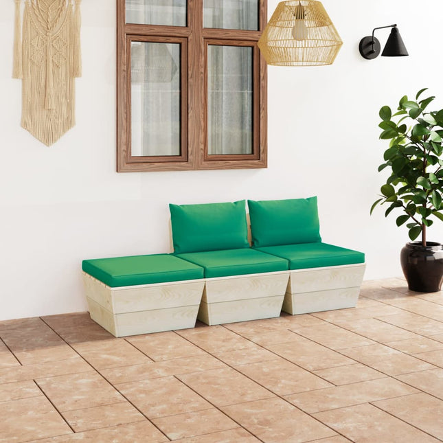 3-Delige Loungeset Met Kussens Pallet Vurenhout Groen 1 2x midden + voetensteun