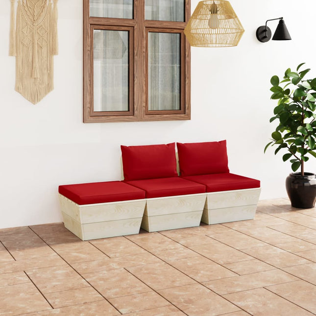 3-Delige Loungeset Met Kussens Pallet Vurenhout Rood 1 2x midden + voetensteun