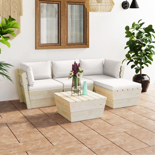 5-Delige Loungeset Met Kussens Pallet Vurenhout Crème 1 2x hoek + midden + Tafel + voetensteun