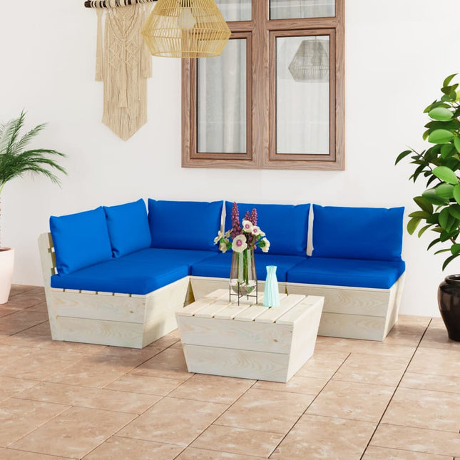 5-Delige Loungeset Met Kussens Pallet Vurenhout Blauw 1 hoek + 3x midden + Tafel