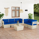 6-Delige Loungeset Met Kussens Pallet Vurenhout Blauw 1 4x hoek + midden + Tafel