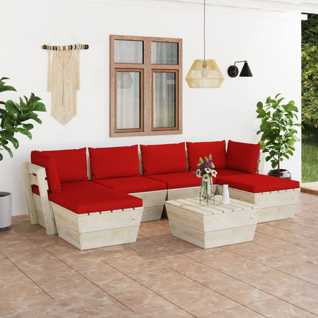 7-Delige Loungeset Met Kussens Pallet Vurenhout Rood 1 2x hoek + 2x midden + Tafel + 2x voetensteun