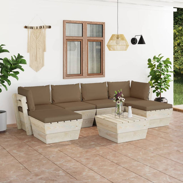 7-Delige Loungeset Met Kussens Pallet Vurenhout Taupe 1 2x hoek + 2x midden + Tafel + 2x voetensteun