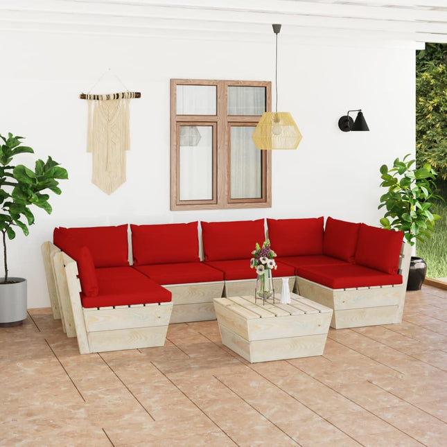 7-Delige Loungeset Met Kussens Pallet Vurenhout Rood 1 2x hoek + 4x midden + Tafel