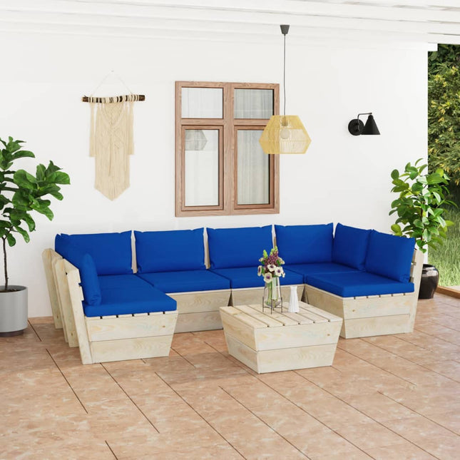 7-Delige Loungeset Met Kussens Pallet Vurenhout Blauw 1 2x hoek + 4x midden + Tafel