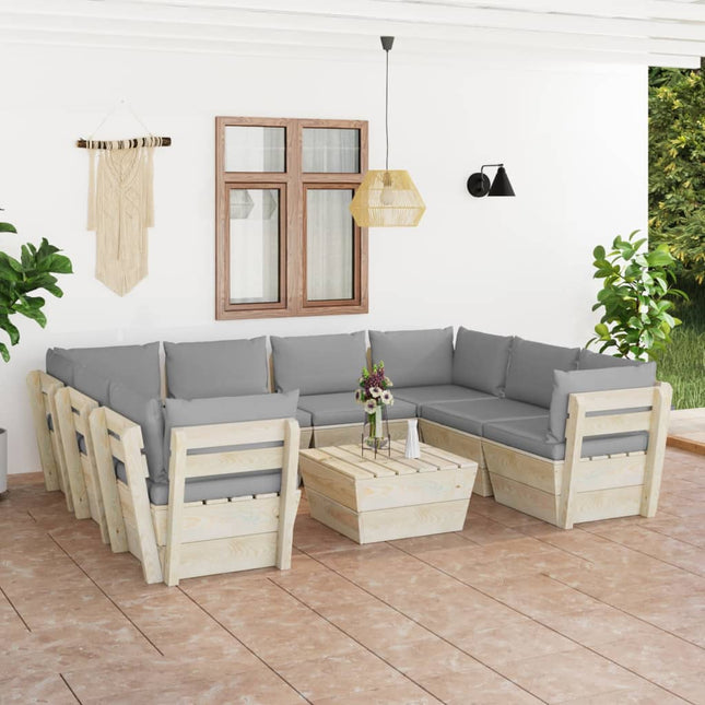 9-Delige Loungeset Met Kussens Pallet Vurenhout Grijs 1 4x midden + 4x hoek + Tafel