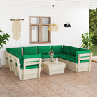 9-Delige Loungeset Met Kussens Pallet Vurenhout Groen 1 4x midden + 4x hoek + Tafel