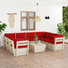 9-Delige Loungeset Met Kussens Pallet Vurenhout Rood 1 4x midden + 4x hoek + Tafel