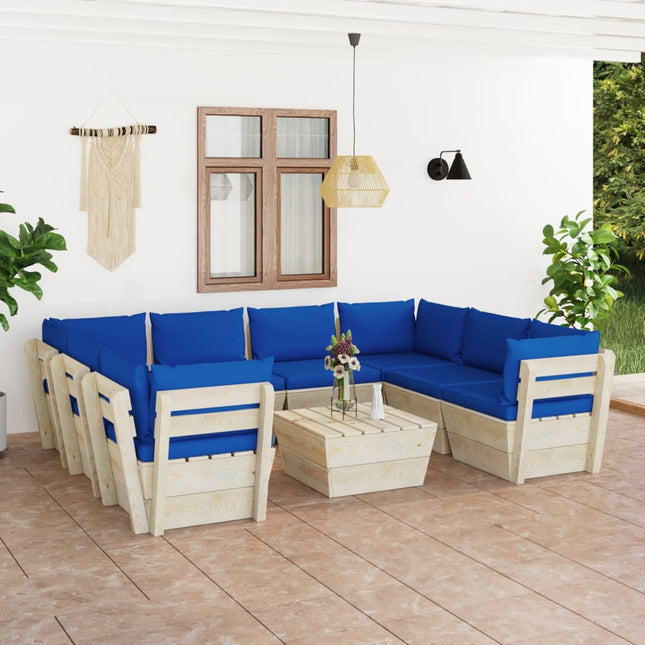 9-Delige Loungeset Met Kussens Pallet Vurenhout Blauw 1 4x midden + 4x hoek + Tafel