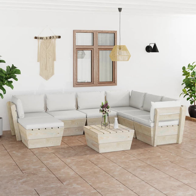 8-Delige Loungeset Met Kussens Pallet Vurenhout Crème 1 3x hoek + 3x midden + Tafel + voetensteun