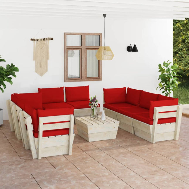 9-Delige Loungeset Met Kussens Pallet Vurenhout Rood 1 4x hoek + 4x midden + Tafel