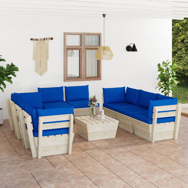 9-Delige Loungeset Met Kussens Pallet Vurenhout Blauw 1 4x hoek + 4x midden + Tafel