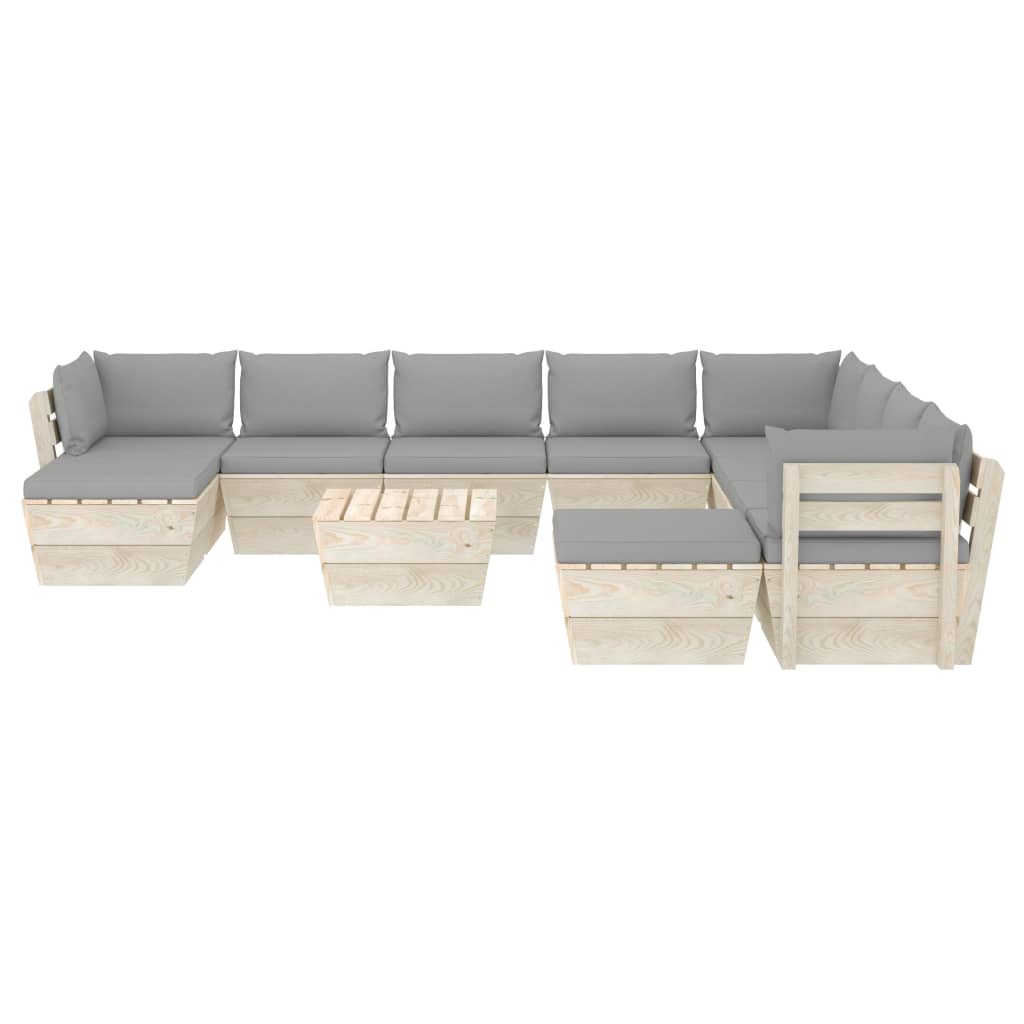 -Delige Loungeset Met Kussens Pallet Vurenhout Grijs 1 3x hoek + 5x midden + Tafel + 2x voetensteun