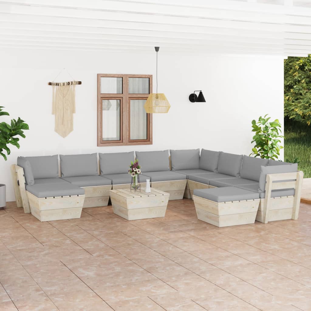 -Delige Loungeset Met Kussens Pallet Vurenhout Grijs 1 3x hoek + 5x midden + Tafel + 2x voetensteun
