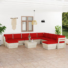 -Delige Loungeset Met Kussens Pallet Vurenhout Rood 1 3x hoek + 5x midden + Tafel + 2x voetensteun