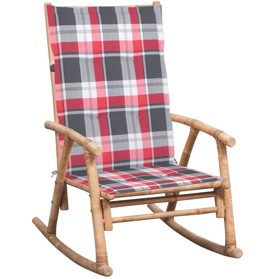 Schommelstoel Met Kussen Bamboe Rood ruitpatroon