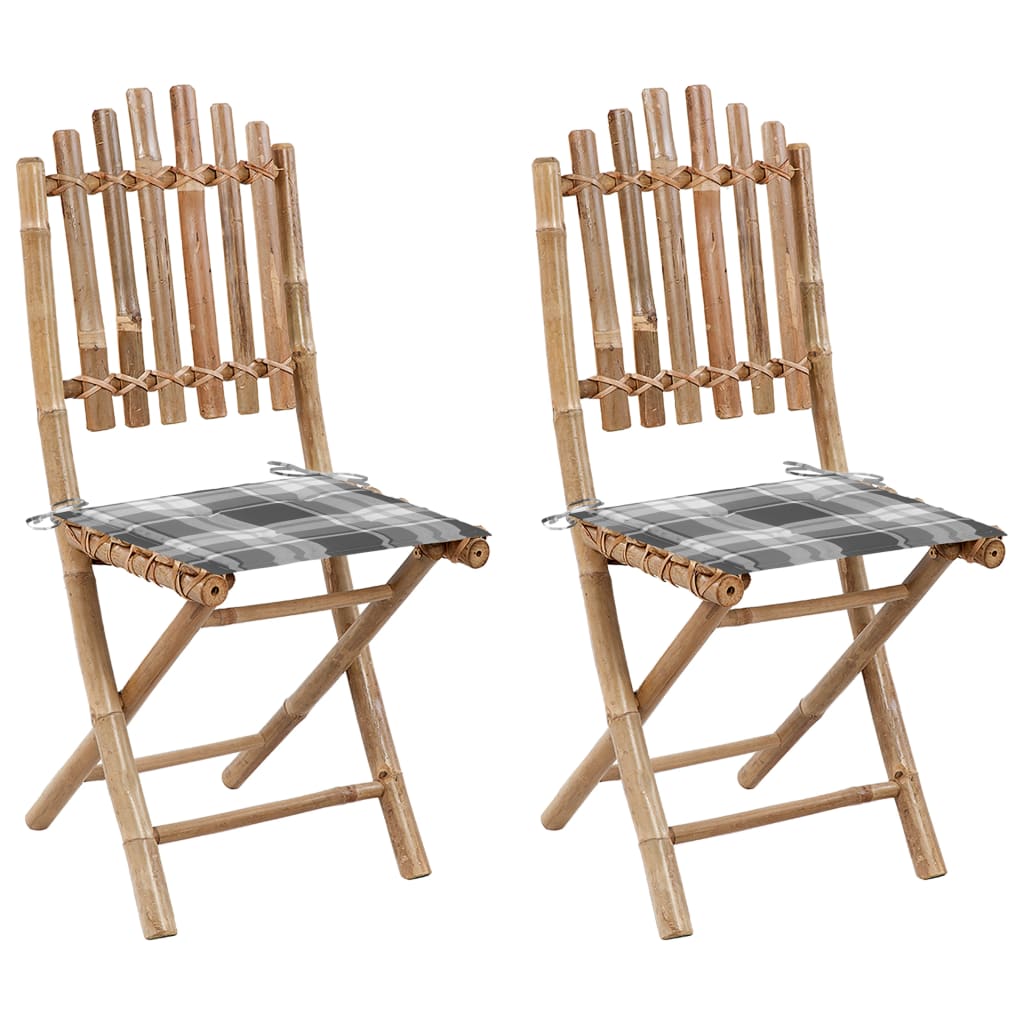 Tuinstoelen 2 St Inklapbaar Met Kussens Bamboe Grijs ruitpatroon 40 x 40 x 4 cm