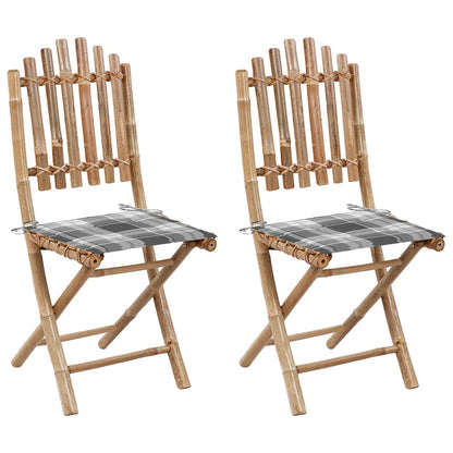 Tuinstoelen 2 St Inklapbaar Met Kussens Bamboe Grijs ruitpatroon 40 x 40 x 4 cm