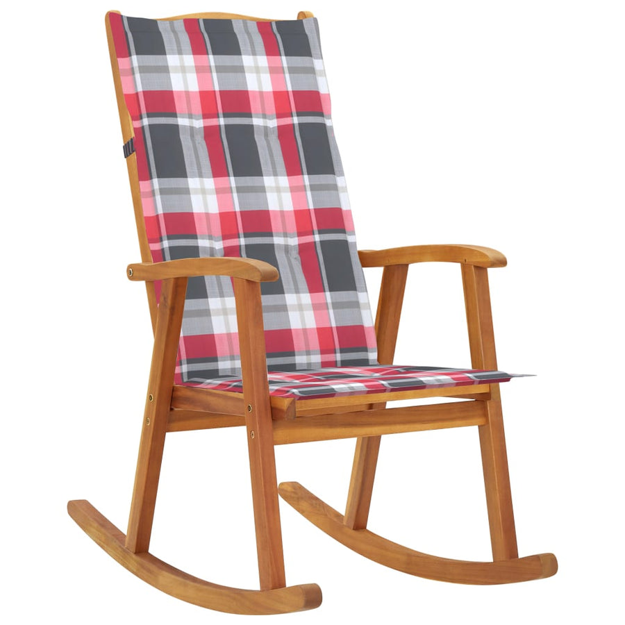Schommelstoel Met Kussens Massief Acaciahout Rood ruitpatroon