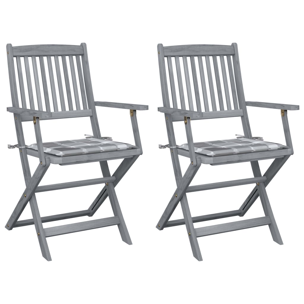 Tuinstoelen 2 St Inklapbaar Met Kussens Massief Acaciahout 1 Grijs ruitpatroon