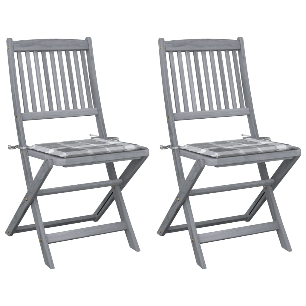Tuinstoelen 2 St Inklapbaar Met Kussens Massief Acaciahout 1 Grijs ruitpatroon