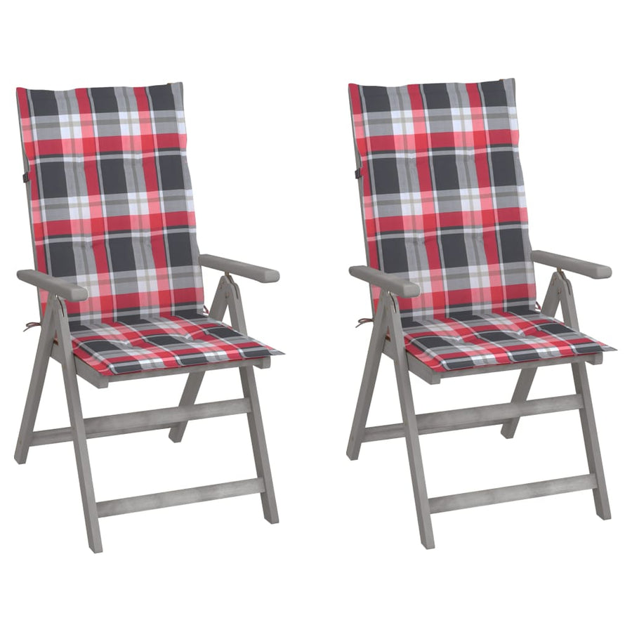 Tuinstoelen Verstelbaar Met Kussens Massief Acaciahout 2 Rood ruitpatroon