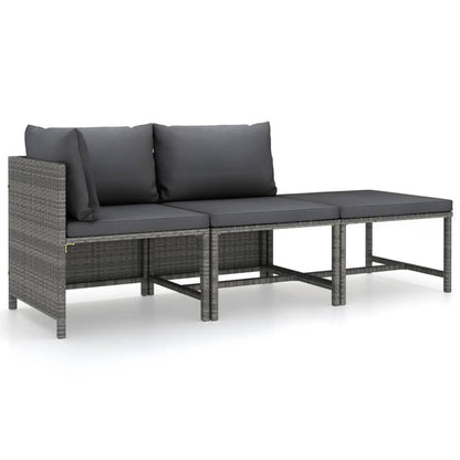 3-Delige Loungeset Met Kussens Poly Rattan Grijs hoek + midden + voetensteun