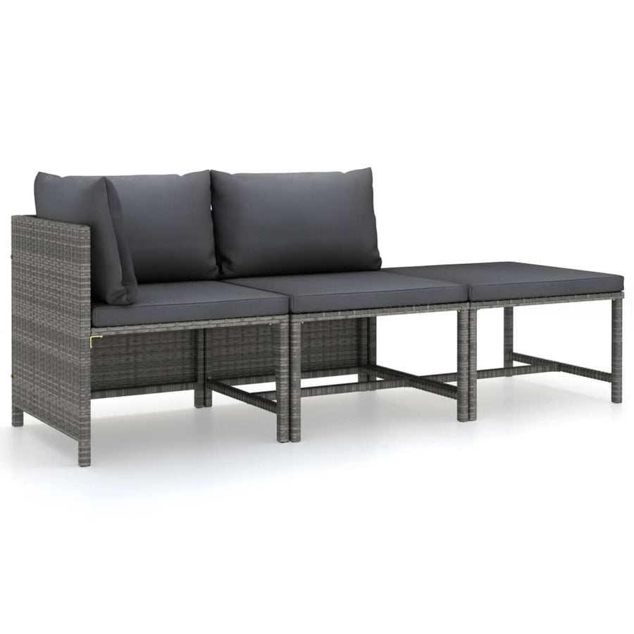 3-Delige Loungeset Met Kussens Poly Rattan Grijs hoek + midden + voetensteun