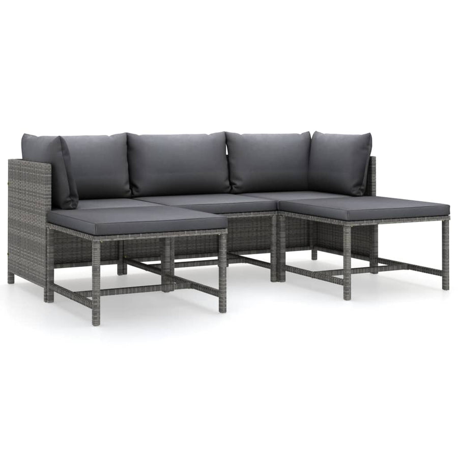5-Delige Loungeset Met Kussens Poly Rattan Grijs 2x hoek + midden + 2x voetensteun