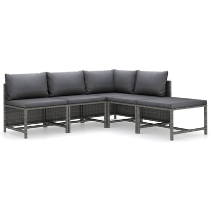 5-Delige Loungeset Met Kussens Poly Rattan Grijs hoek + 3x midden + voetensteun