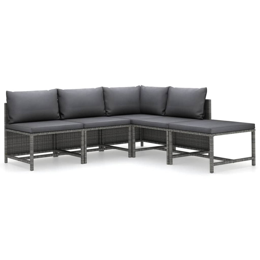 5-Delige Loungeset Met Kussens Poly Rattan Grijs hoek + 3x midden + voetensteun