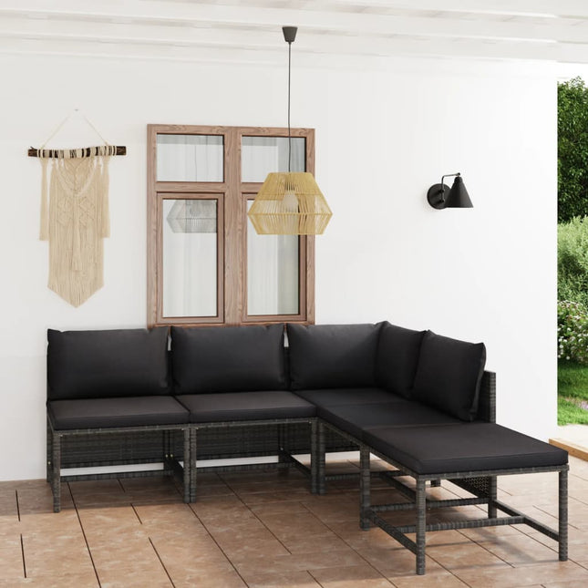 5-Delige Loungeset Met Kussens Poly Rattan Grijs hoek + 3x midden + voetensteun