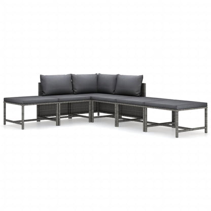 6-Delige Loungeset Met Kussens Poly Rattan Grijs Hoek + 2x midden + 3x voetensteun