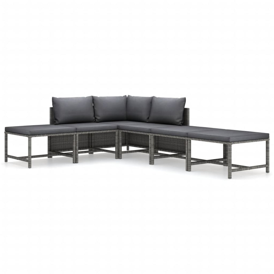 6-Delige Loungeset Met Kussens Poly Rattan Grijs Hoek + 2x midden + 3x voetensteun