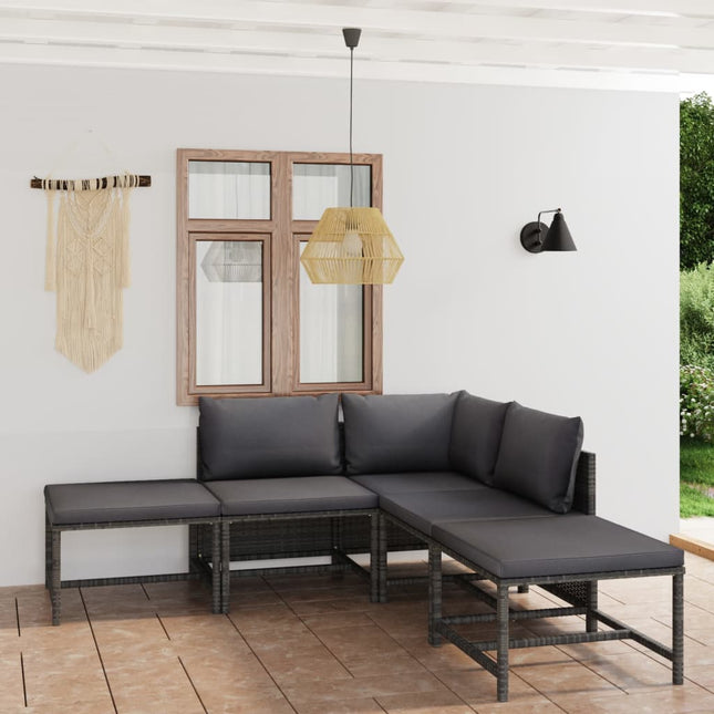 6-Delige Loungeset Met Kussens Poly Rattan Grijs Hoek + 2x midden + 3x voetensteun