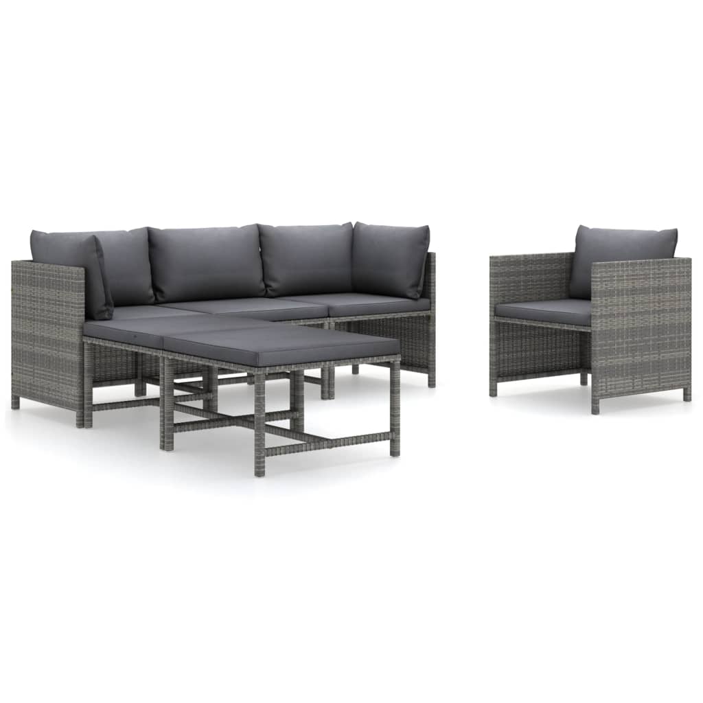 6-Delige Loungeset Met Kussens Poly Rattan Grijs 2x hoek + midden + Fauteuil + 2x voetensteun