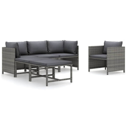 6-Delige Loungeset Met Kussens Poly Rattan Grijs 2x hoek + midden + Fauteuil + 2x voetensteun