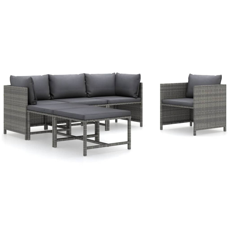 6-Delige Loungeset Met Kussens Poly Rattan Grijs 2x hoek + midden + Fauteuil + 2x voetensteun