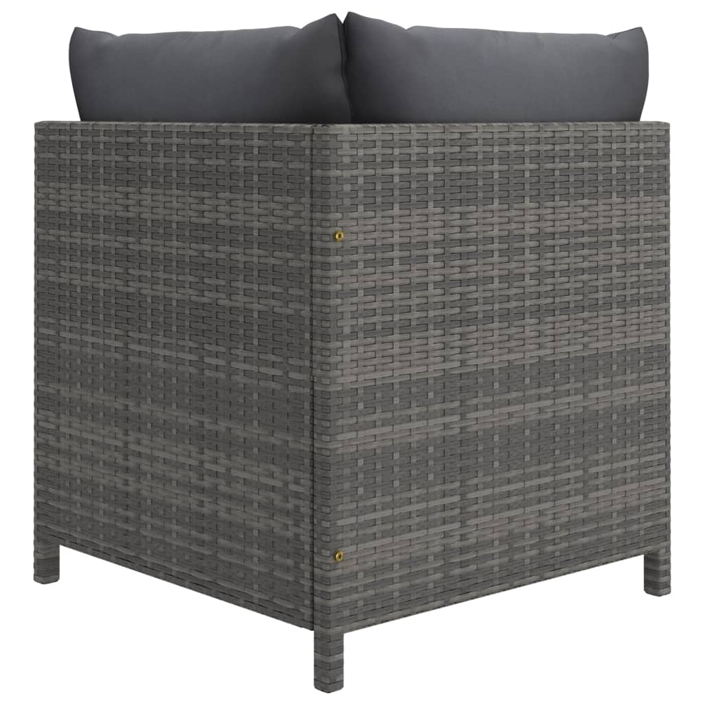 6-Delige Loungeset Met Kussens Poly Rattan Grijs 2x hoek + midden + Fauteuil + 2x voetensteun