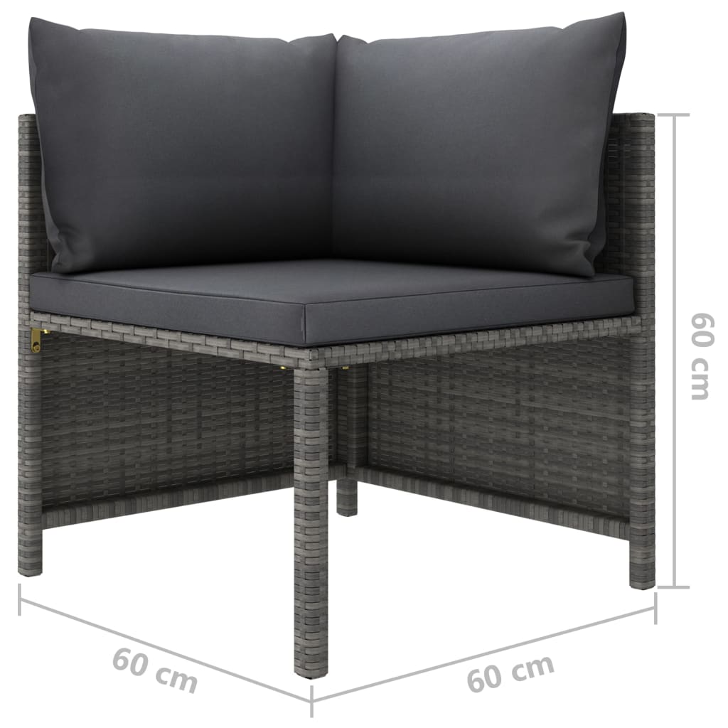 6-Delige Loungeset Met Kussens Poly Rattan Grijs 2x hoek + midden + Fauteuil + 2x voetensteun
