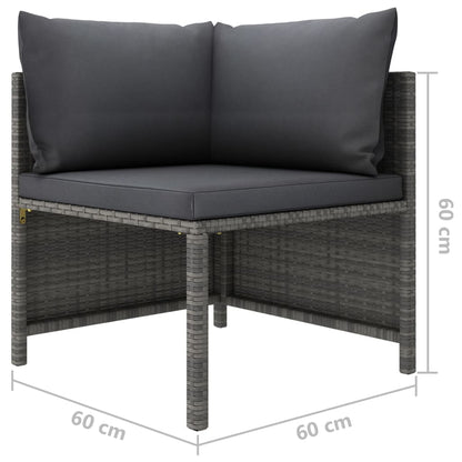 6-Delige Loungeset Met Kussens Poly Rattan Grijs 2x hoek + midden + Fauteuil + 2x voetensteun