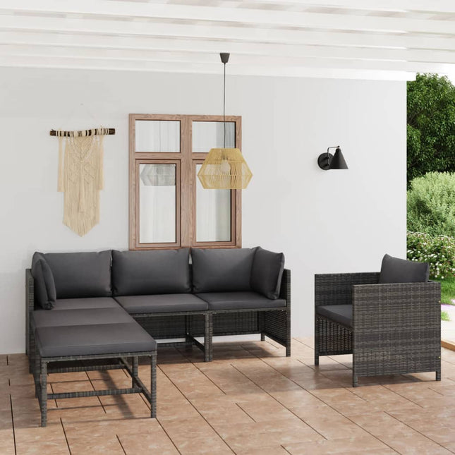 6-Delige Loungeset Met Kussens Poly Rattan Grijs 2x hoek + midden + Fauteuil + 2x voetensteun