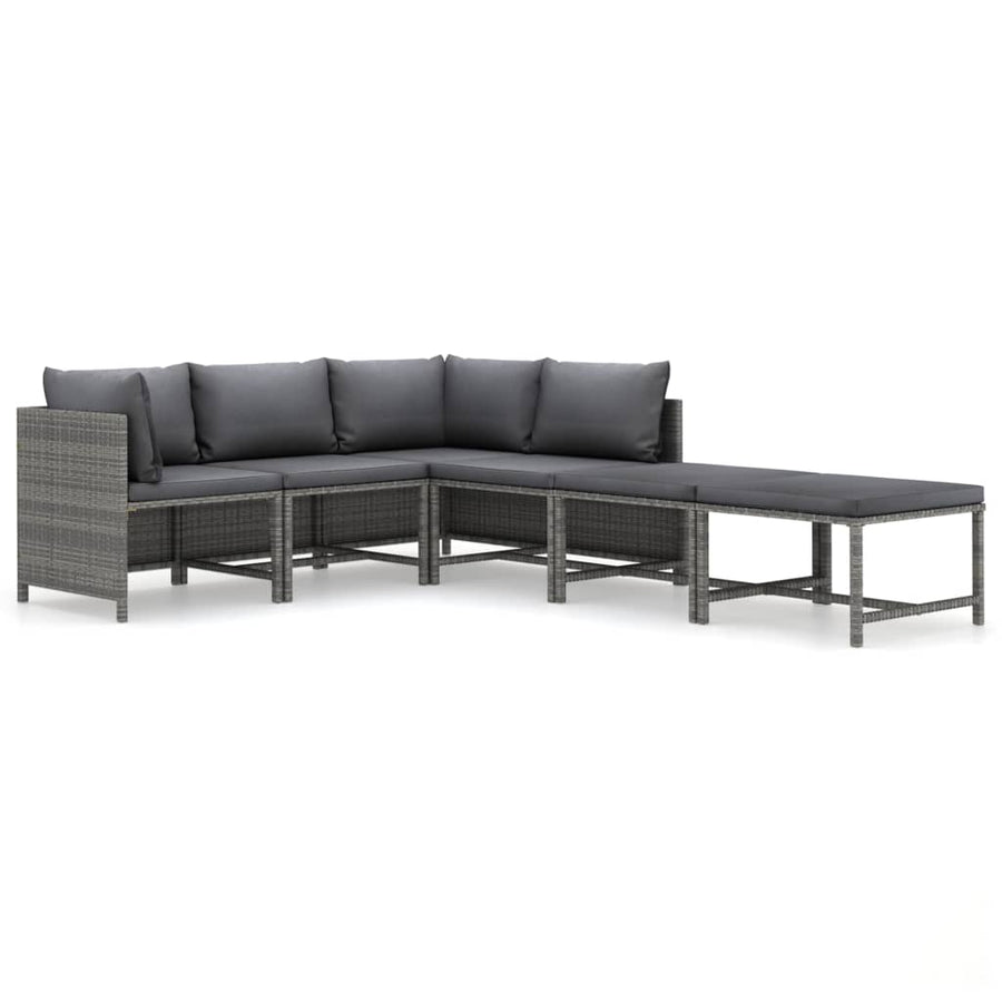 6-Delige Loungeset Met Kussens Poly Rattan Grijs 2x hoek + 2x midden + 2x voetensteun