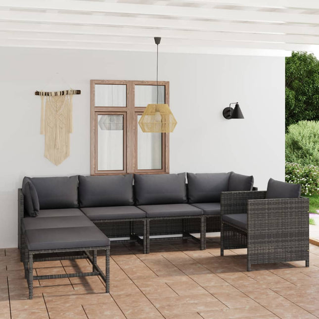 7-Delige Loungeset Met Kussens Poly Rattan Grijs 2x hoek + 2x midden + Fauteuil + 2x voetensteun